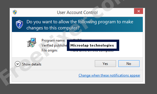 Screenshot where Microolap technologies appears as the verified publisher in the UAC dialog
